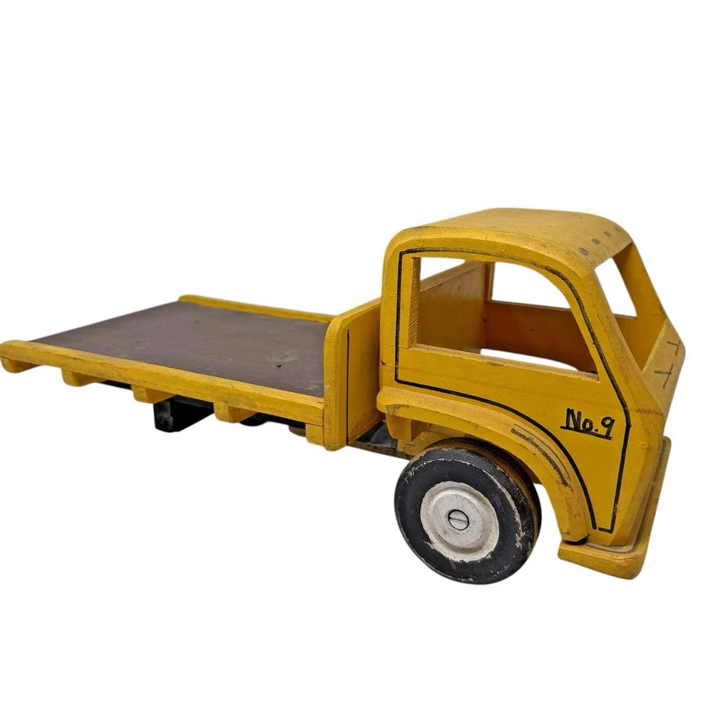 Vintage 1950s Handmade Wooden Ford No.9 Flatbed Toy Truck Yellow Missing Wheel
